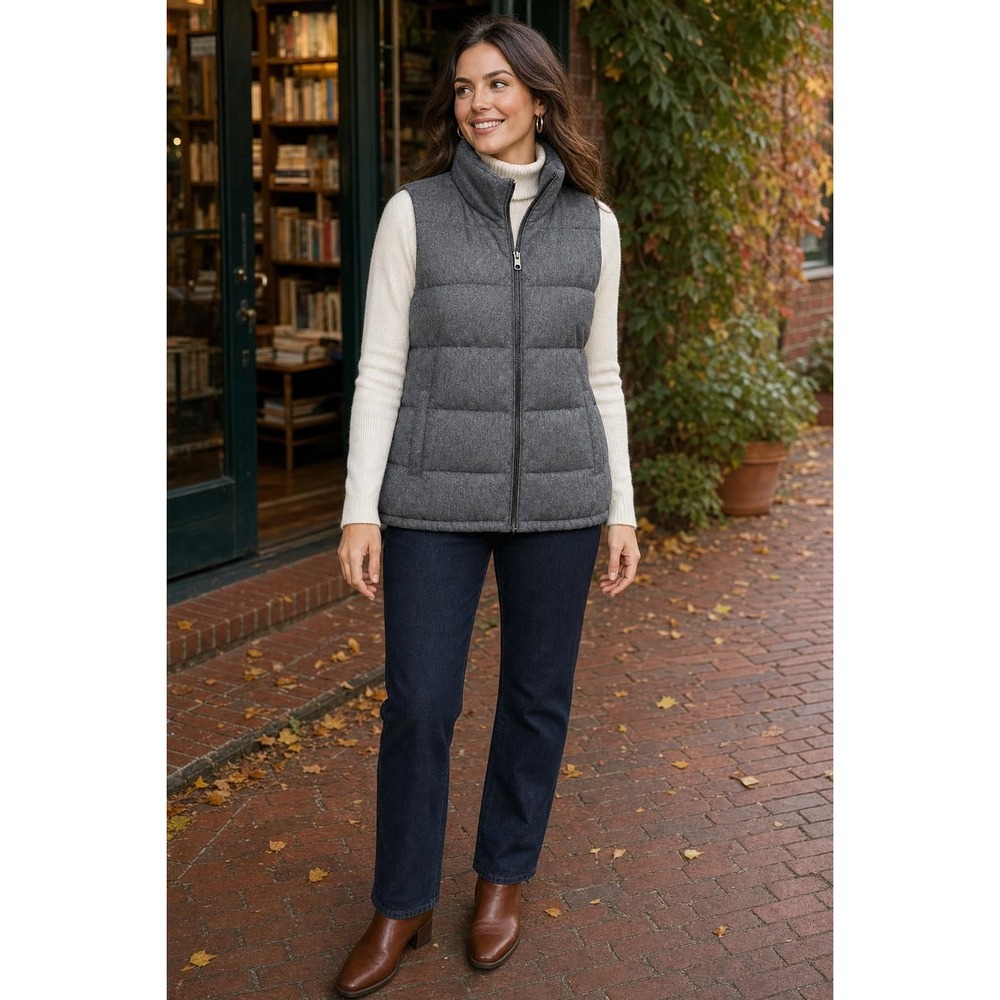 Old Navy Herringbone Puffer Vest Women's L Gray Fleece Lined Preppy